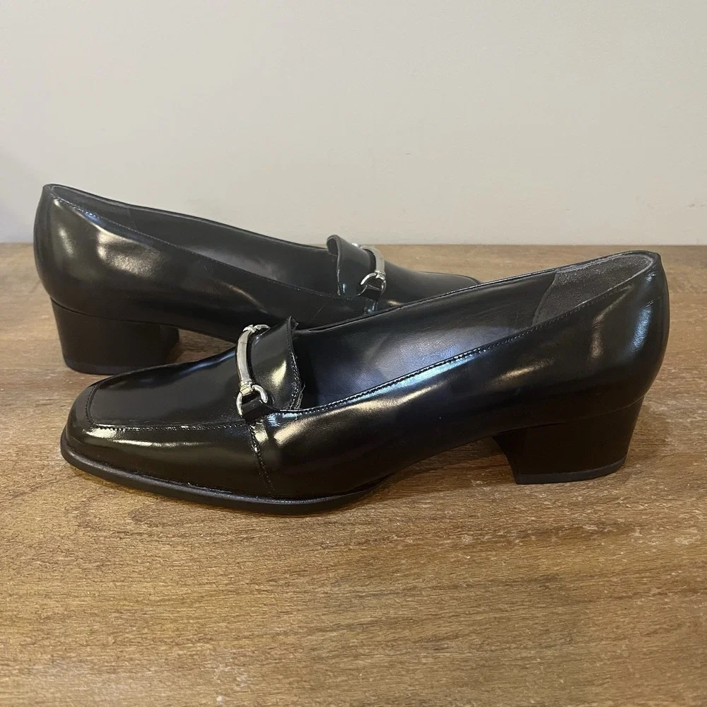 VTG Vaneli Made in Italy Black Patent Horsebit Square Toe Pumps Loafers 7M Y2K